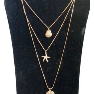 Tommy Bahama Long 3 Chain Starfish Sand Dollar Shell CZ Gold Necklace NEW